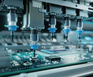 Automatic Pick and Place machine quickly installs Components on Generic Circuit Board. Electronics and Circuit board Manufacturing. Bright Environment Automatic Pick and Place machine quickly installs Components on Generic Circuit Board. Electronics and Circuit board Manufacturing. Bright Environment